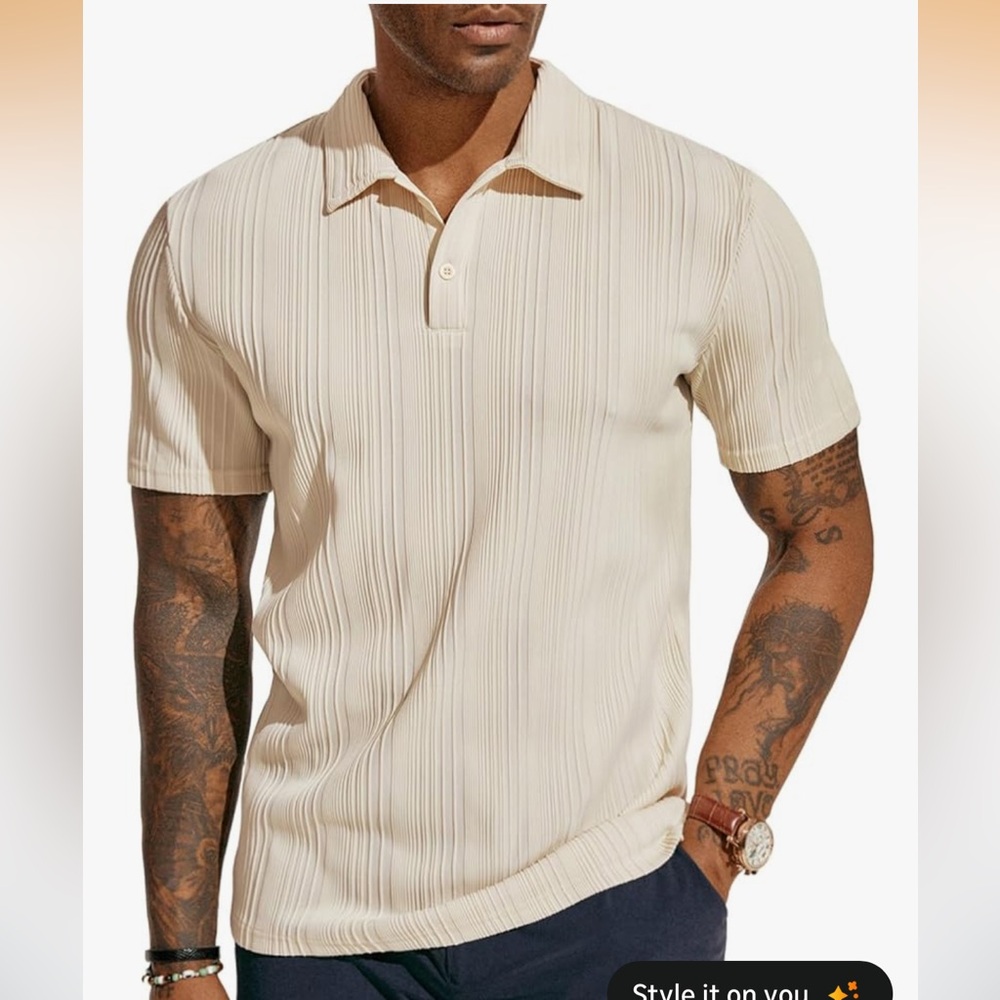 Men's Large PJPaul Jones Short Sleeve Ribbed Polo Shirt - Cream